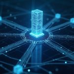 Futuristic data center with a glowing AI core linked to decentralized nodes, illustrating NEAR AI compute and IronClaw 1.0.