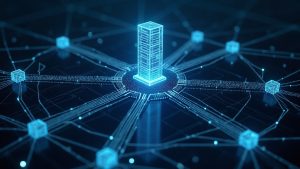Futuristic data center with a glowing AI core linked to decentralized nodes, illustrating NEAR AI compute and IronClaw 1.0.