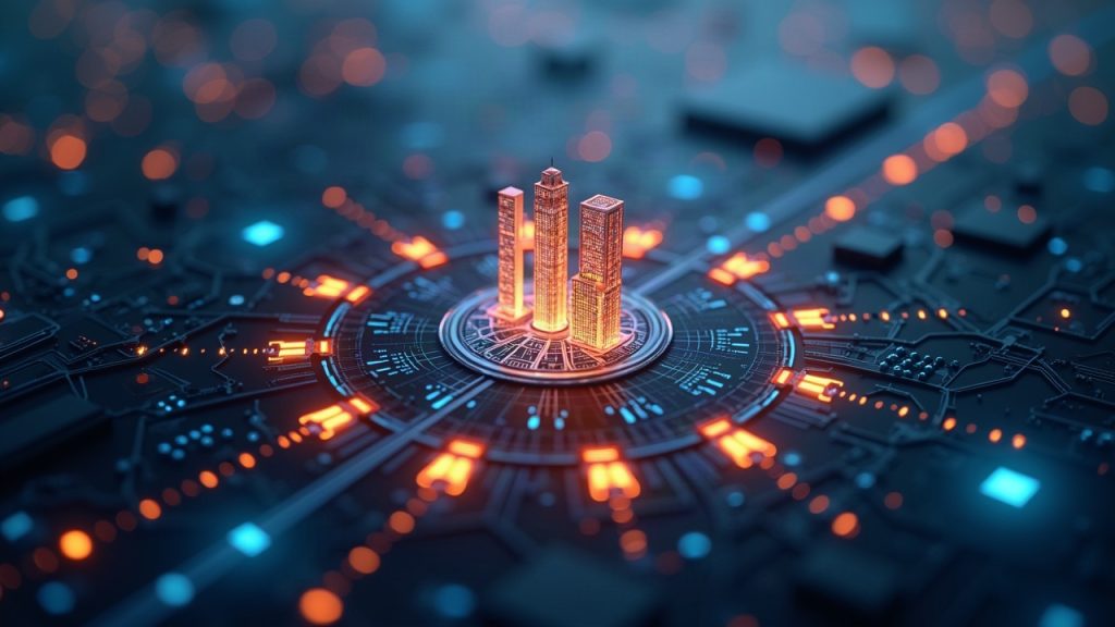 Photorealistic on-chain city with glowing AI agent nodes linked to a Noos mainnet emblem, symbolizing decentralization.