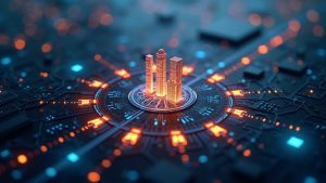 Photorealistic on-chain city with glowing AI agent nodes linked to a Noos mainnet emblem, symbolizing decentralization.
