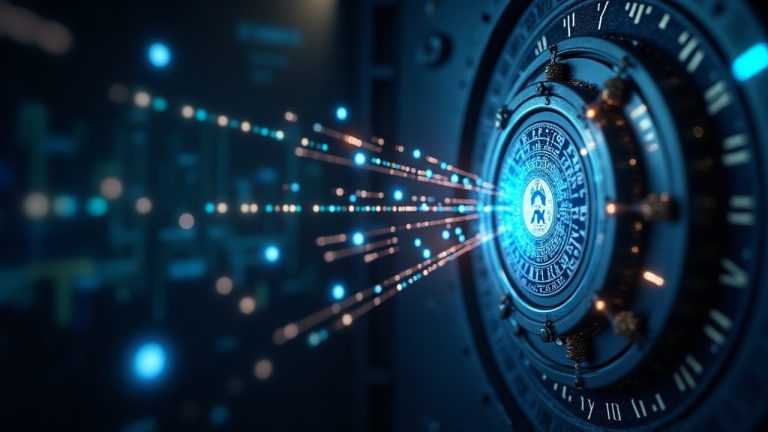 Photorealistic header: modern vault with a glowing blockchain ledger, FOBXX tokens, and SEC-inspired on-chain cash management