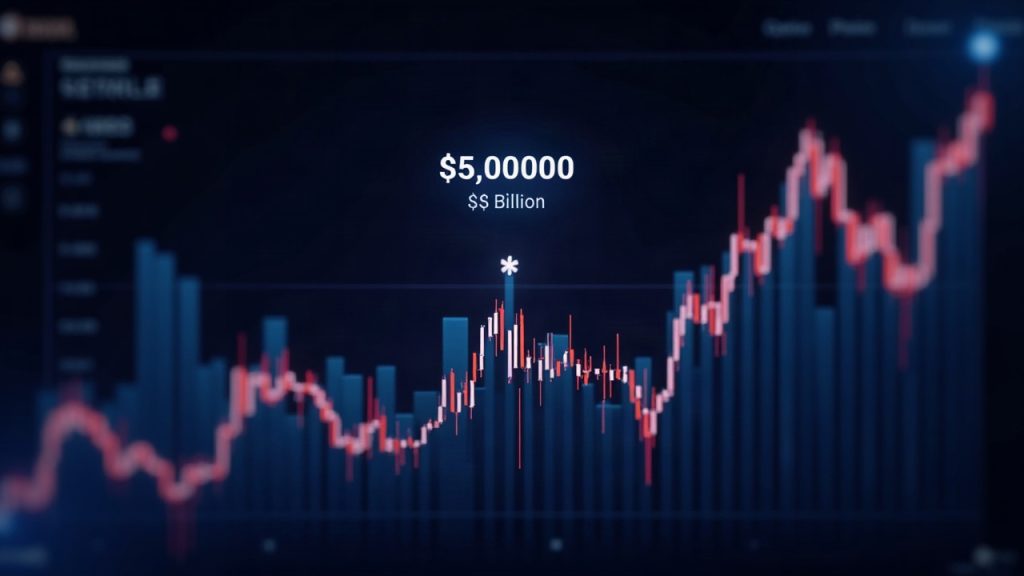 Photorealistic crypto market dashboard with rising trend line and a bold 3.07B liquidation figure at center.