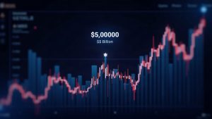 Photorealistic crypto market dashboard with rising trend line and a bold 3.07B liquidation figure at center.
