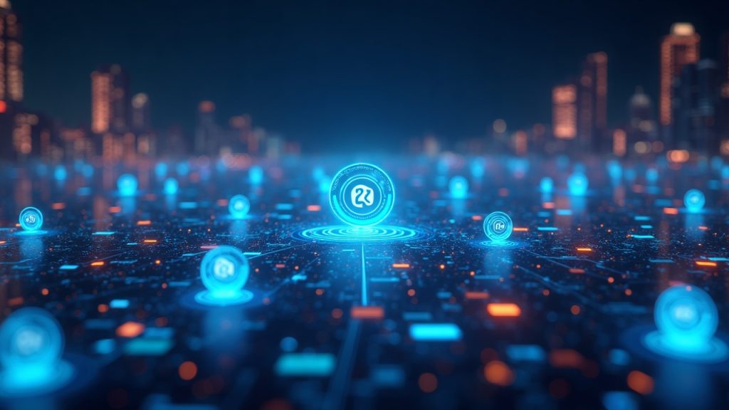 Futuristic decentralized marketplace linking Robinhood Chain and OpenSea with glowing NFT icons and a central trader.