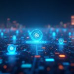 Futuristic decentralized marketplace linking Robinhood Chain and OpenSea with glowing NFT icons and a central trader.