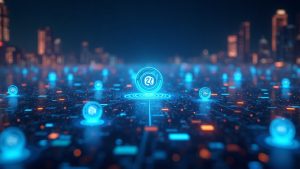 Futuristic decentralized marketplace linking Robinhood Chain and OpenSea with glowing NFT icons and a central trader.