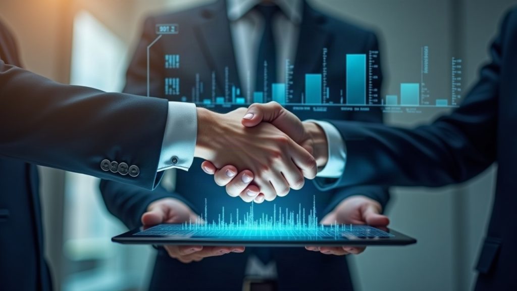 Photorealistic office scene with a handshake over a tablet showing onboarding data and timelines.