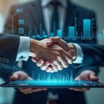 Photorealistic office scene with a handshake over a tablet showing onboarding data and timelines.