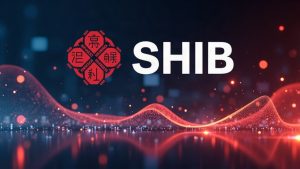 Photoreal SHIB logo with Japanese regulatory seals and a Nomura-backed Laser Digital banner.