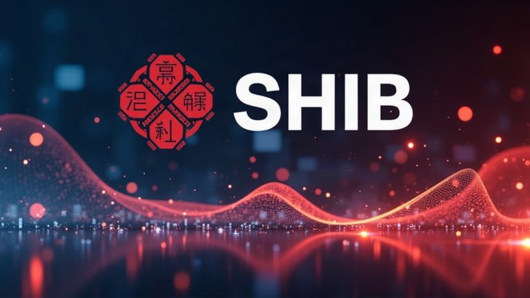 Photoreal SHIB logo with Japanese regulatory seals and a Nomura-backed Laser Digital banner.