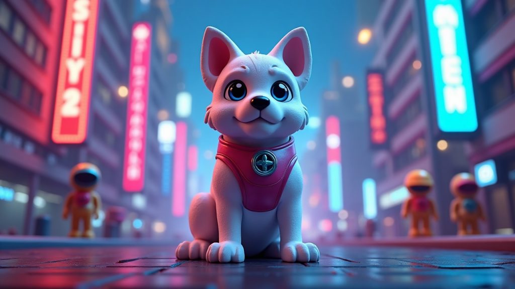 Photorealistic SkyDog NFT figure in a neon city, with SkyTrek UI, toy figures, and SKY token visuals.