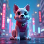 Photorealistic SkyDog NFT figure in a neon city, with SkyTrek UI, toy figures, and SKY token visuals.