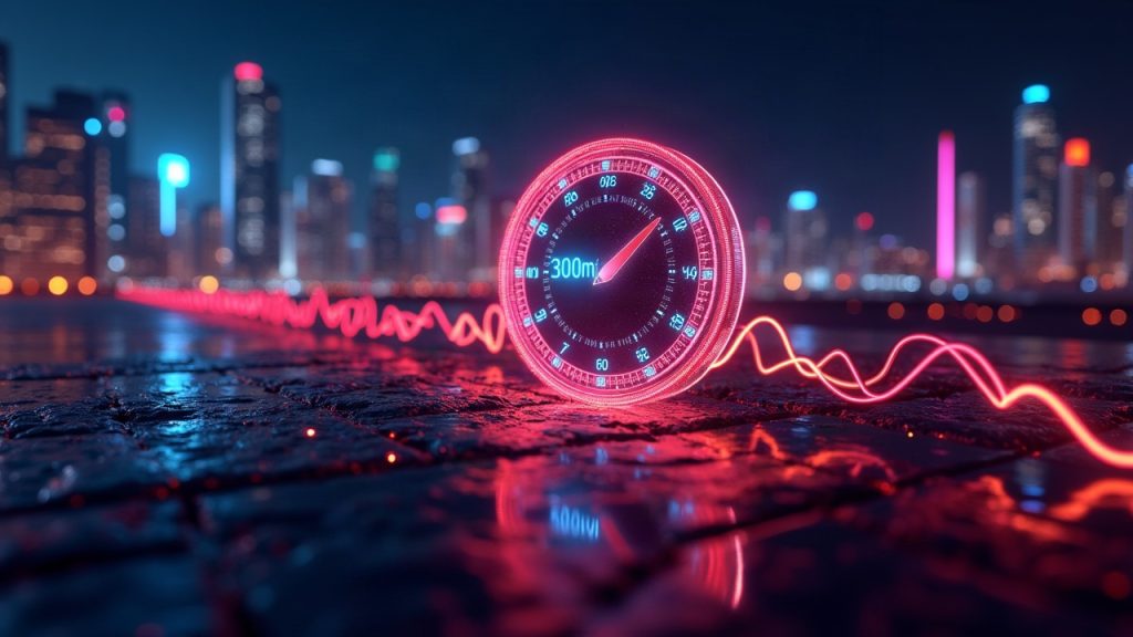 Photorealistic Solana network visualization with a glowing 300ms clock and neon cityscape.