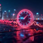 Photorealistic Solana network visualization with a glowing 300ms clock and neon cityscape.