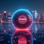 Photorealistic Solana-inspired sphere with 4096B badge, neon data streams, zk glyphs, and a city skyline.