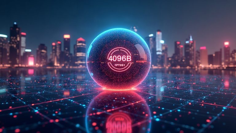 Photorealistic Solana-inspired sphere with 4096B badge, neon data streams, zk glyphs, and a city skyline.