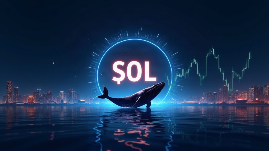 Futuristic Solana header with SOL at center, whale silhouette, rising chart, glowing data streams, and Binance/Kraken silhouettes.