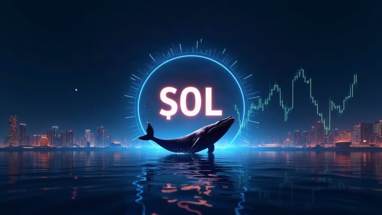 Futuristic Solana header with SOL at center, whale silhouette, rising chart, glowing data streams, and Binance/Kraken silhouettes.