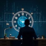 Photoreal clock shows 350 ms at center, flowing code lines, a timeline arc E to E2, and a coder at a desk with crypto glow.