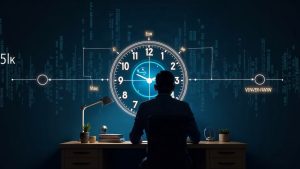 Photoreal clock shows 350 ms at center, flowing code lines, a timeline arc E to E2, and a coder at a desk with crypto glow.