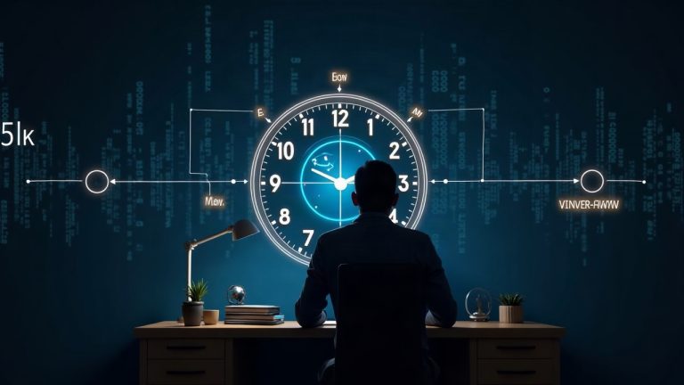 Photoreal clock shows 350 ms at center, flowing code lines, a timeline arc E to E2, and a coder at a desk with crypto glow.
