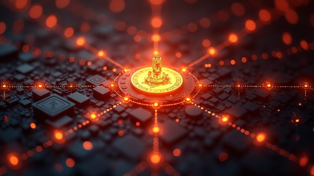 Photorealistic Solana validator hub with SOL burning and a glowing governance-node network behind.