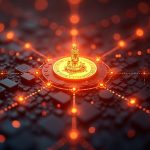 Photorealistic Solana validator hub with SOL burning and a glowing governance-node network behind.