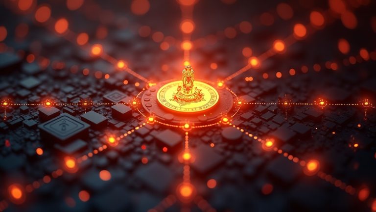 Photorealistic Solana validator hub with SOL burning and a glowing governance-node network behind.
