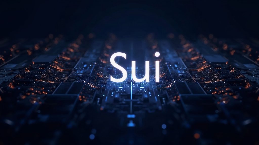 Photorealistic header: Sui logo centered with a glowing blockchain grid and 4.6B transaction digits.