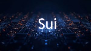 Photorealistic header: Sui logo centered with a glowing blockchain grid and 4.6B transaction digits.