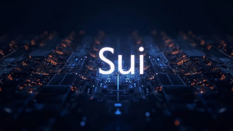 Photorealistic header: Sui logo centered with a glowing blockchain grid and 4.6B transaction digits.