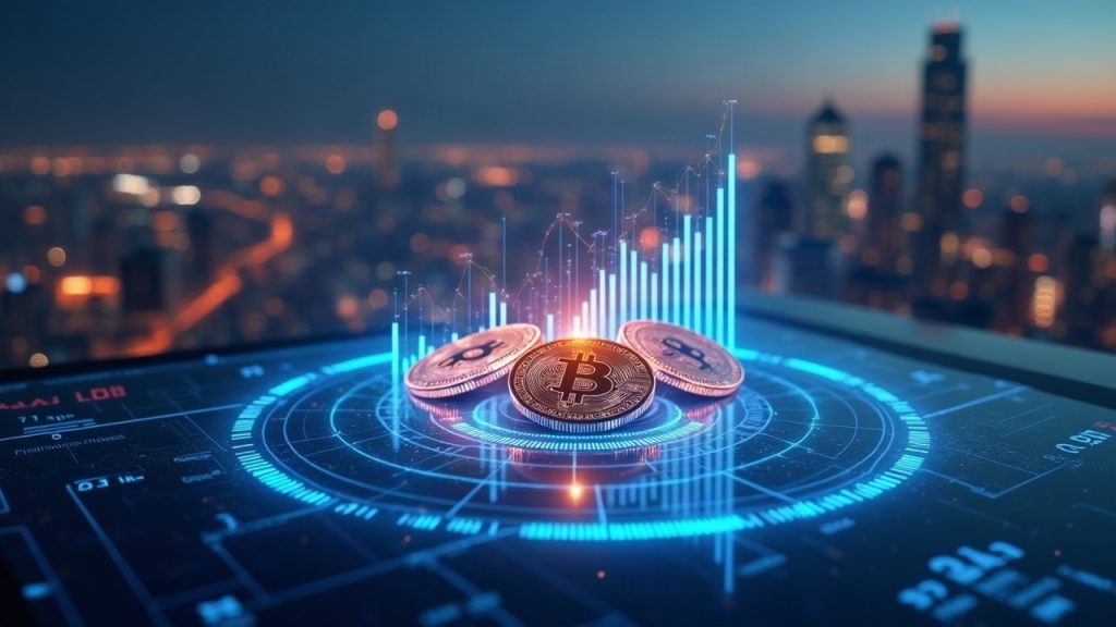 Photorealistic city skyline with a holographic dashboard showing a 500M stablecoin chart and the Sui logo.