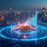 Photorealistic city skyline with a holographic dashboard showing a 500M stablecoin chart and the Sui logo.