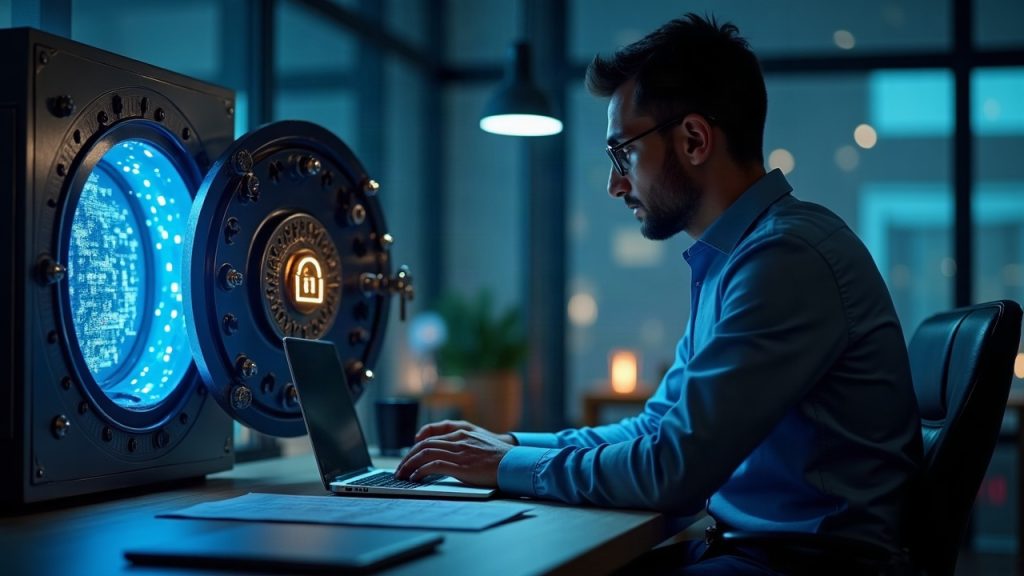 Photorealistic header: cracked DeFi vault door, glowing on-chain code, timelock icon, and an analyst reviewing charts.