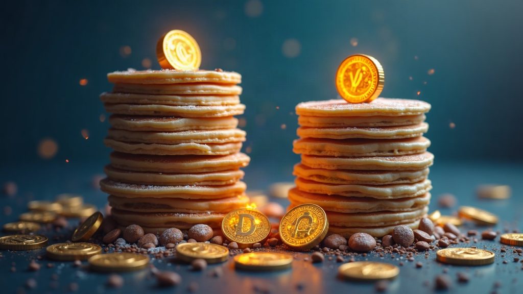 Header with Uniswap and PancakeSwap as pillars among crypto icons and gold-backed tokens, illustrating liquidity.