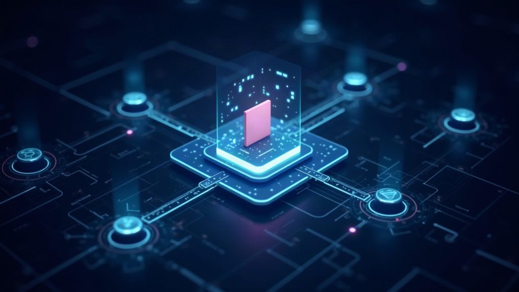 Realistic ballot screen at center with glowing nodes and a blockchain grid, symbolizing on-chain governance for TVM upgrade.