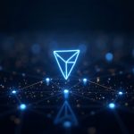 Photorealistic Tron network with glowing nodes and a shield, signaling Voyage upgrade for TVM compatibility and security.