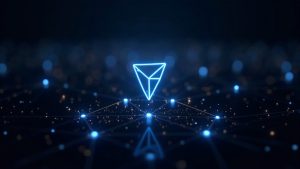 Photorealistic Tron network with glowing nodes and a shield, signaling Voyage upgrade for TVM compatibility and security.