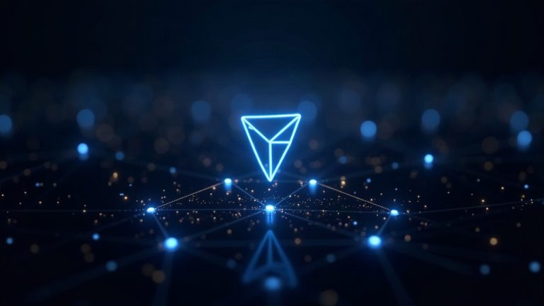 Photorealistic Tron network with glowing nodes and a shield, signaling Voyage upgrade for TVM compatibility and security.