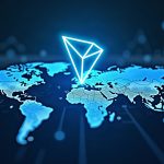 Center-focused image featuring a TRON logo over a glowing blockchain ledger, with flowing stablecoin icons and global network lines.