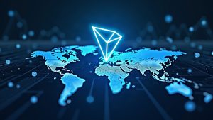 Center-focused image featuring a TRON logo over a glowing blockchain ledger, with flowing stablecoin icons and global network lines.