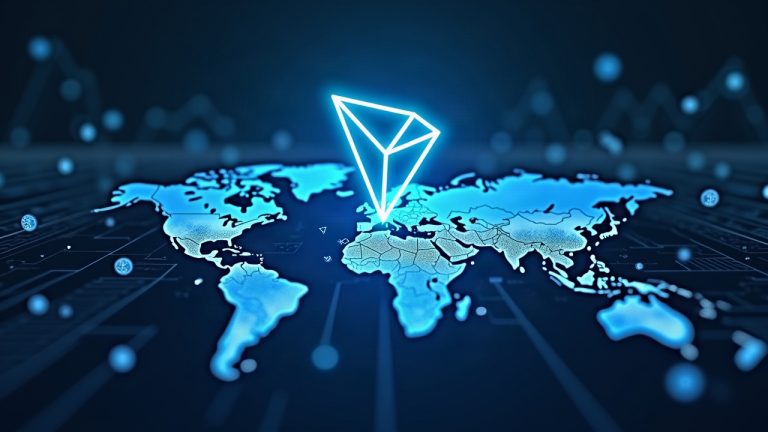 Center-focused image featuring a TRON logo over a glowing blockchain ledger, with flowing stablecoin icons and global network lines.