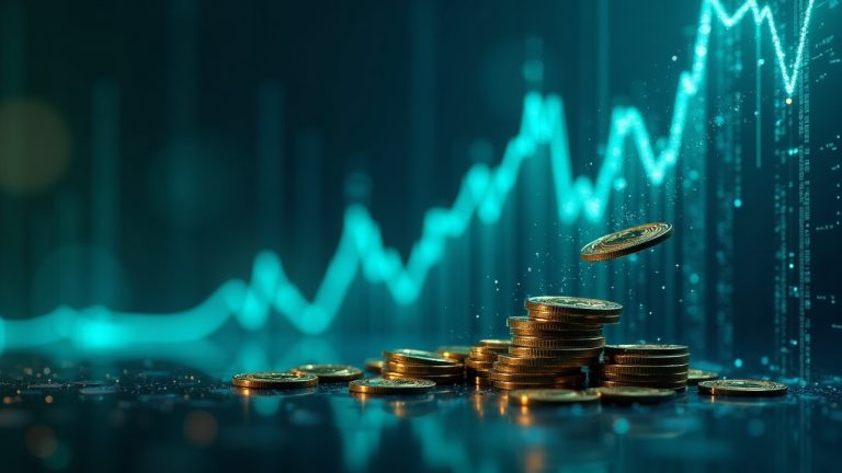 Blue-green newsroom-style graphic showing USDT tokens flowing into a rising blockchain chart, illustrating TRON's large stablecoin supply.