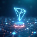 Photorealistic holographic ballot above glowing blockchain nodes with TRON TVM emblem and countdown to August 25.