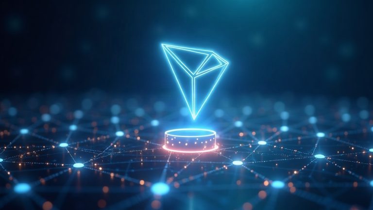 Photorealistic holographic ballot above glowing blockchain nodes with TRON TVM emblem and countdown to August 25.