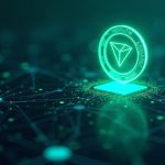 Futuristic TRON blockchain ledger with a glowing USDT mint rising from a node, blue-green newsroom ambience.