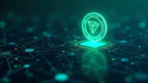 Futuristic TRON blockchain ledger with a glowing USDT mint rising from a node, blue-green newsroom ambience.