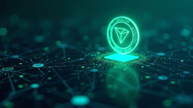 Futuristic TRON blockchain ledger with a glowing USDT mint rising from a node, blue-green newsroom ambience.