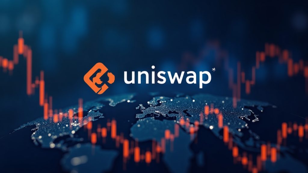 Photorealistic crypto trading scene with a bold Uniswap logo, rising volume bars, and a decentralized network map.