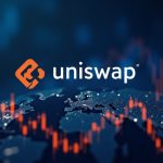 Photorealistic crypto trading scene with a bold Uniswap logo, rising volume bars, and a decentralized network map.